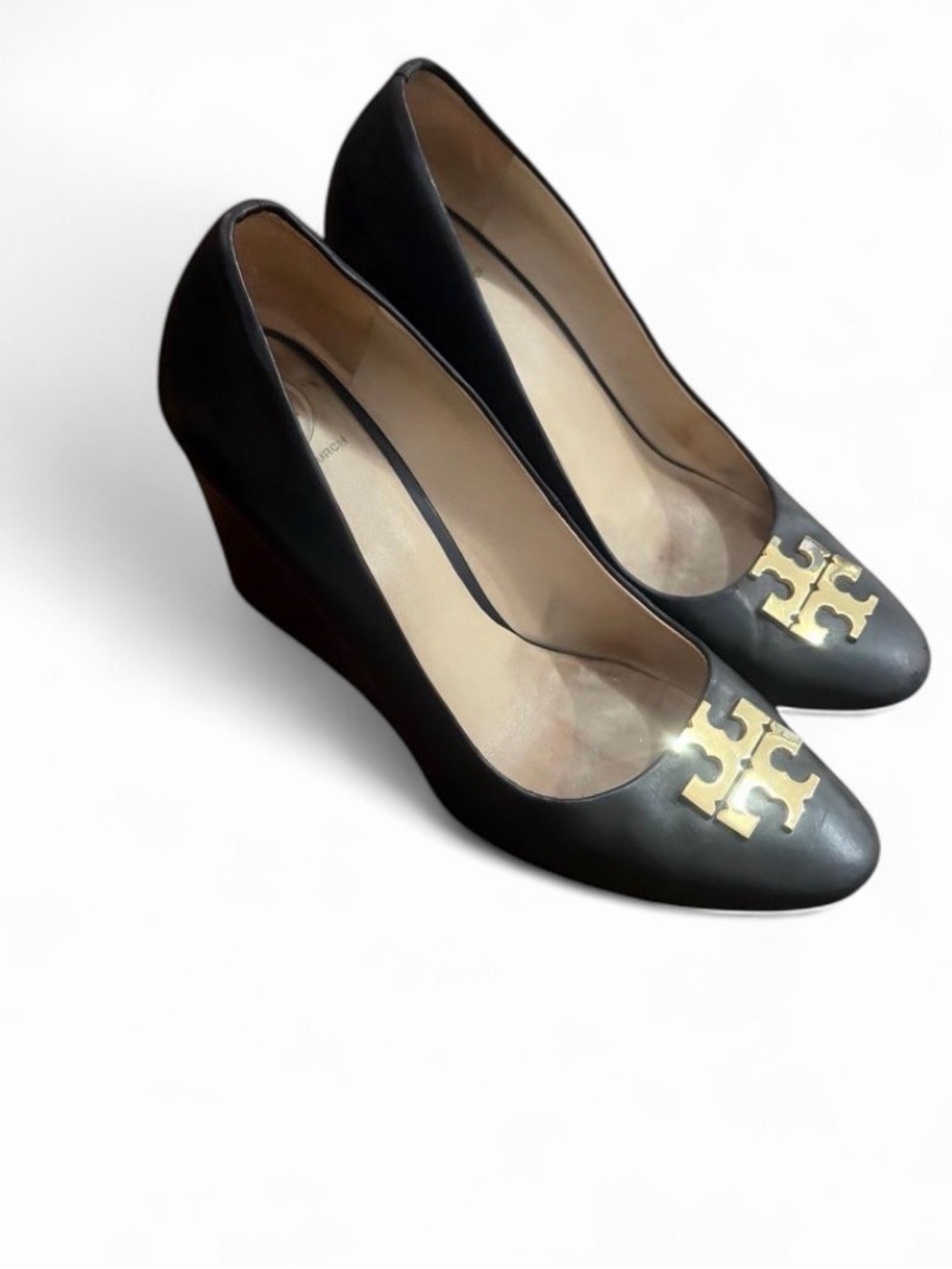 Tory Burch Black Leather Wedges with Gold Logo Plaque size 8